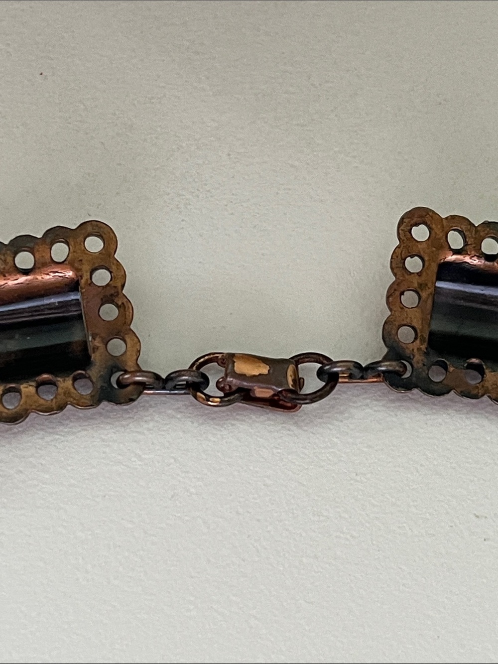 Vintage Mid-Century Copper Enamel Necklace Turquoise Speckled Squares 1950s - Picture 6 of 12